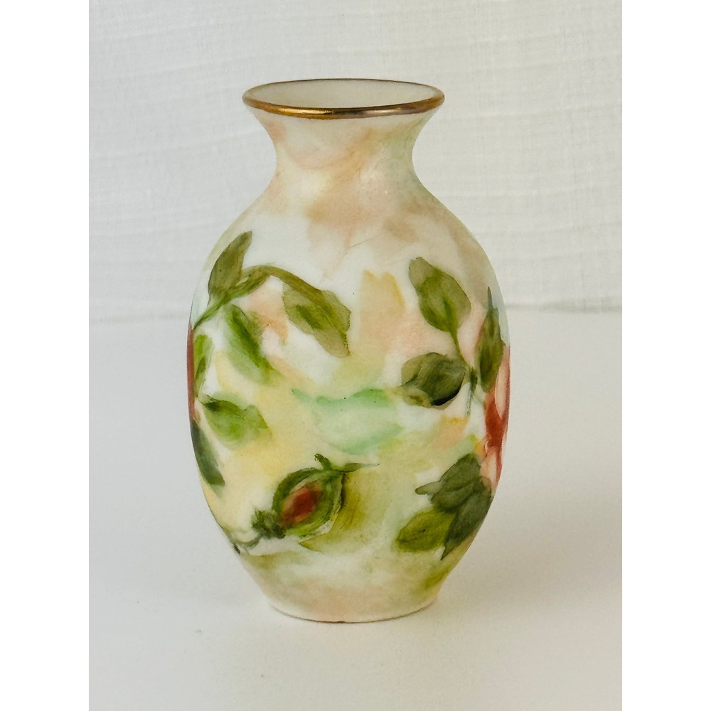 Hand Painted Miniature Bud Vase Floral Rose Gold Trim Signed Oakman EXCELLENT